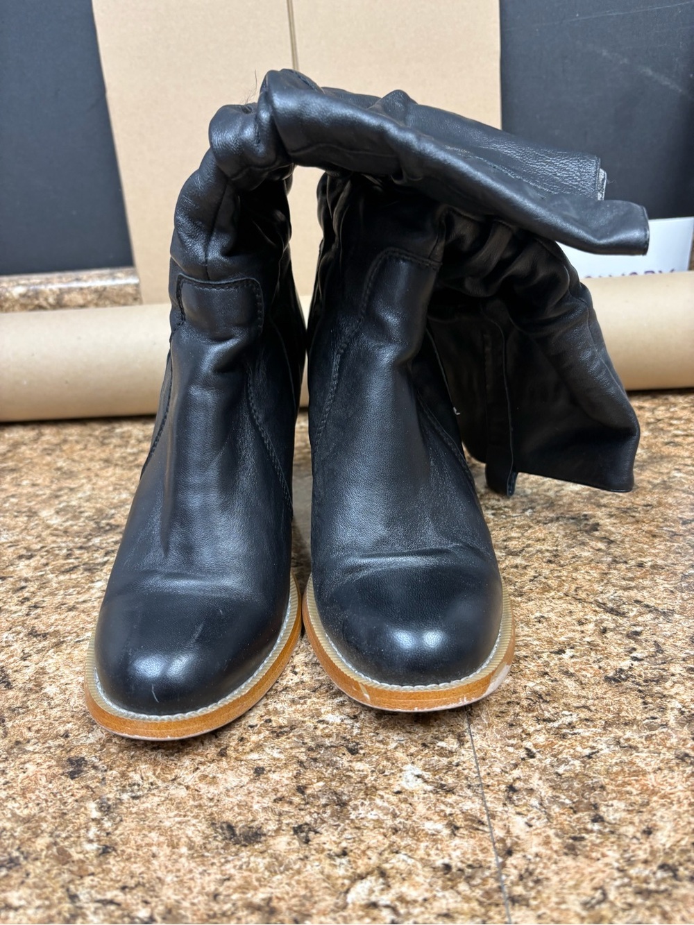 Vintage Colin Stuart Black Leather Slouch Boots Womens 8 Fold Over Block Heel